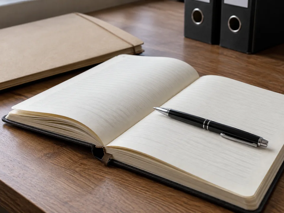Agenda abierta, lapicera y carpeta sobre un escritorio; imagen ilustrativa